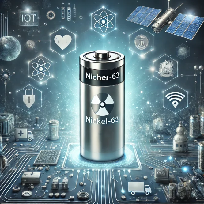 Batteria atomica ad alta tecnologia al Nichel-63, circondata da elementi futuristici che rappresentano la tecnologia avanzata, applicazioni mediche, satelliti e dispositivi IoT