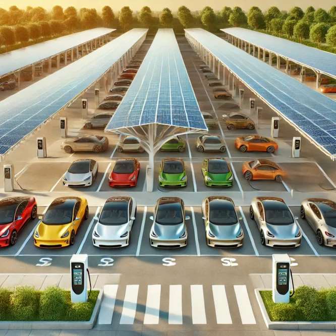 Vista aerea di un parcheggio aziendale dotato di coperture fotovoltaiche e colonnine di ricarica per auto elettriche, simbolo dell'innovazione sostenibile nel contesto aziendale