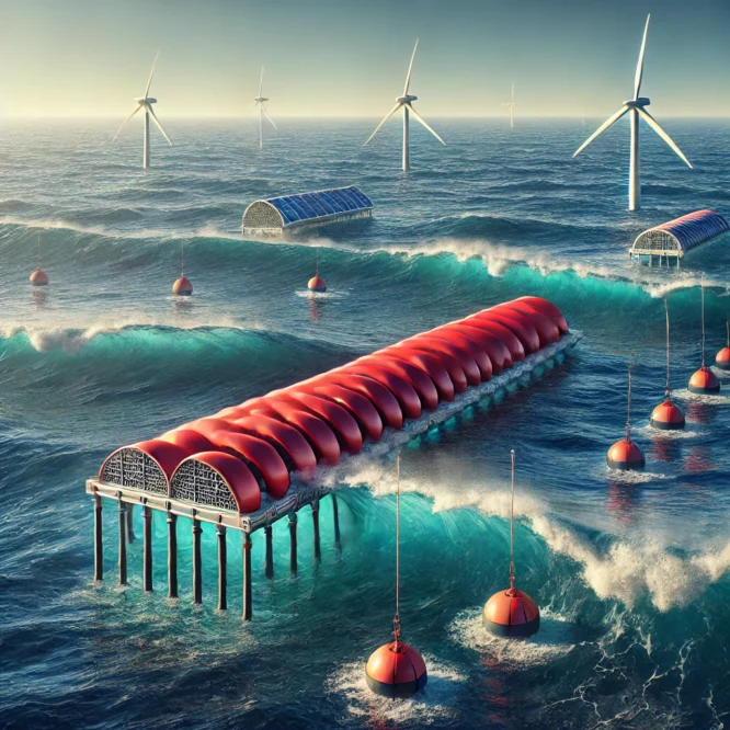 An illustrative scene featuring three types of wave energy converters: the red, segmented Pelamis floating on the ocean's surface, spherical CETO buoys anchored deep in the sea, and the Oyster converter near the shoreline, all harnessing wave power under a clear blue sky