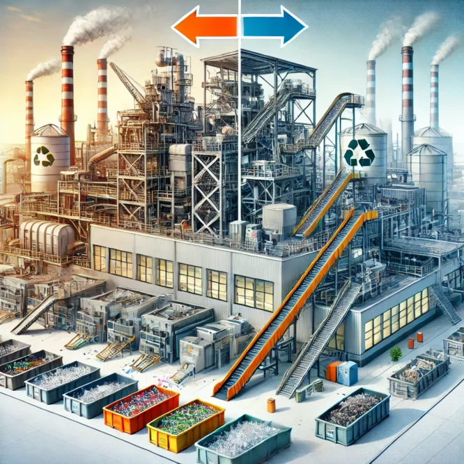 Illustrazione di uno stabilimento industriale in trasformazione, diviso in due parti: una mantiene l'aspetto di una fabbrica chimica tradizionale mentre l'altra è rinnovata in un centro moderno per il riciclaggio di batterie LFP e plastiche, riflettendo l'evoluzione verso la sostenibilità