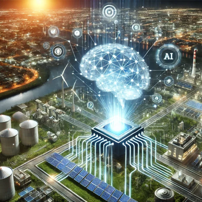 Rappresentazione futuristica dell'Intelligenza Artificiale che gestisce una smart grid con fonti rinnovabili come pannelli solari e turbine eoliche, connessi tramite flussi digitali di dati