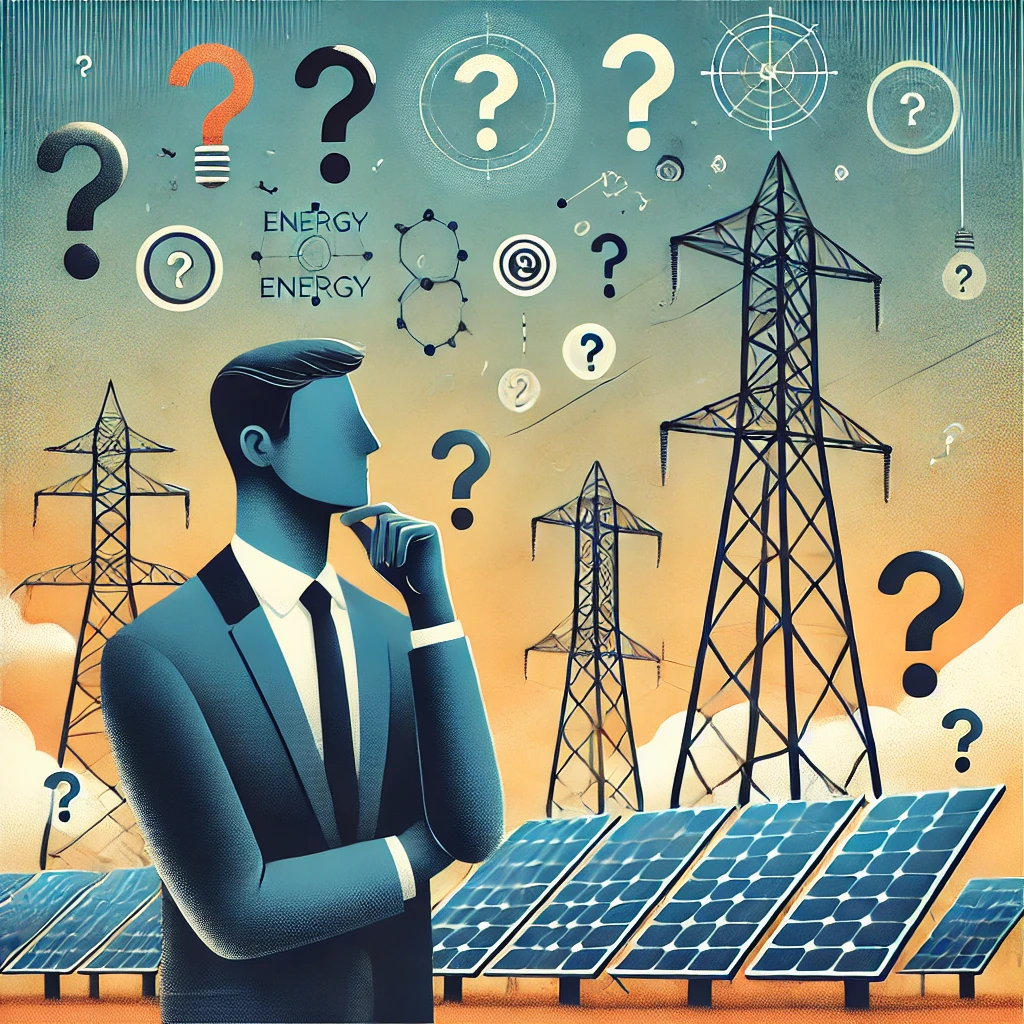 Una persona pensierosa guarda i pannelli solari colorati e le torri di distribuzione elettrica, simboleggianti il dibattito tra energia rinnovabile e quella tradizionale, con icone di indipendenza energetica e question marks sparsi.