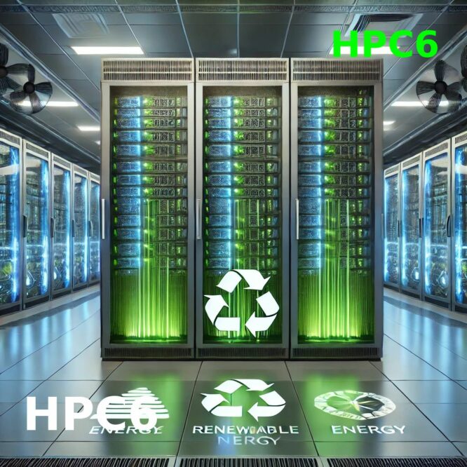 Immagine di un supercomputer futuristico con rack luminosi e dettagli verdi, rappresentante efficienza energetica e tecnologia avanzata