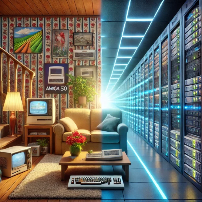 Immagine digitale che illustra la transizione dalla computazione personale agli home computer degli anni '80, come il Commodore 64 e l'Amiga 500, situati in un soggiorno accogliente con tappezzeria retrò e poster di videogiochi, a un moderno data center con file di server luminosi sotto luci blu fredde, simboleggiando il passaggio al cloud computing