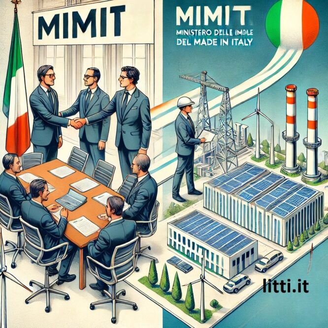 Illustrazione della firma del protocollo MIMIT tra rappresentanti istituzionali e industriali, con transizione visiva da un impianto petrolchimico a una moderna gigafactory per batterie, simbolo della riconversione del sito di Brindisi. Branding 'litti.it' visibile in basso.