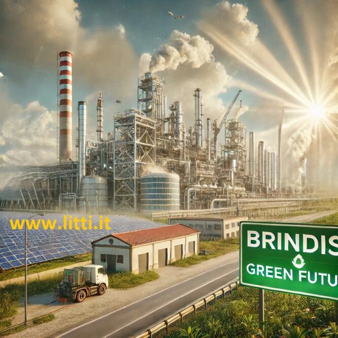 Rendering simbolico della transizione industriale green a Brindisi, con una nuova gigafactory che sorge accanto a un vecchio impianto chimico dismesso